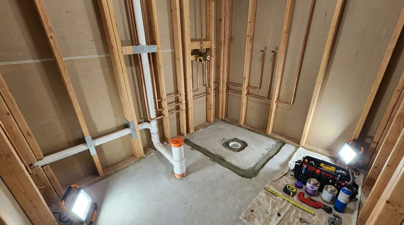 Bathroom rough-in plumbing during remodel by Johns Plumbing LLC in Marseilles