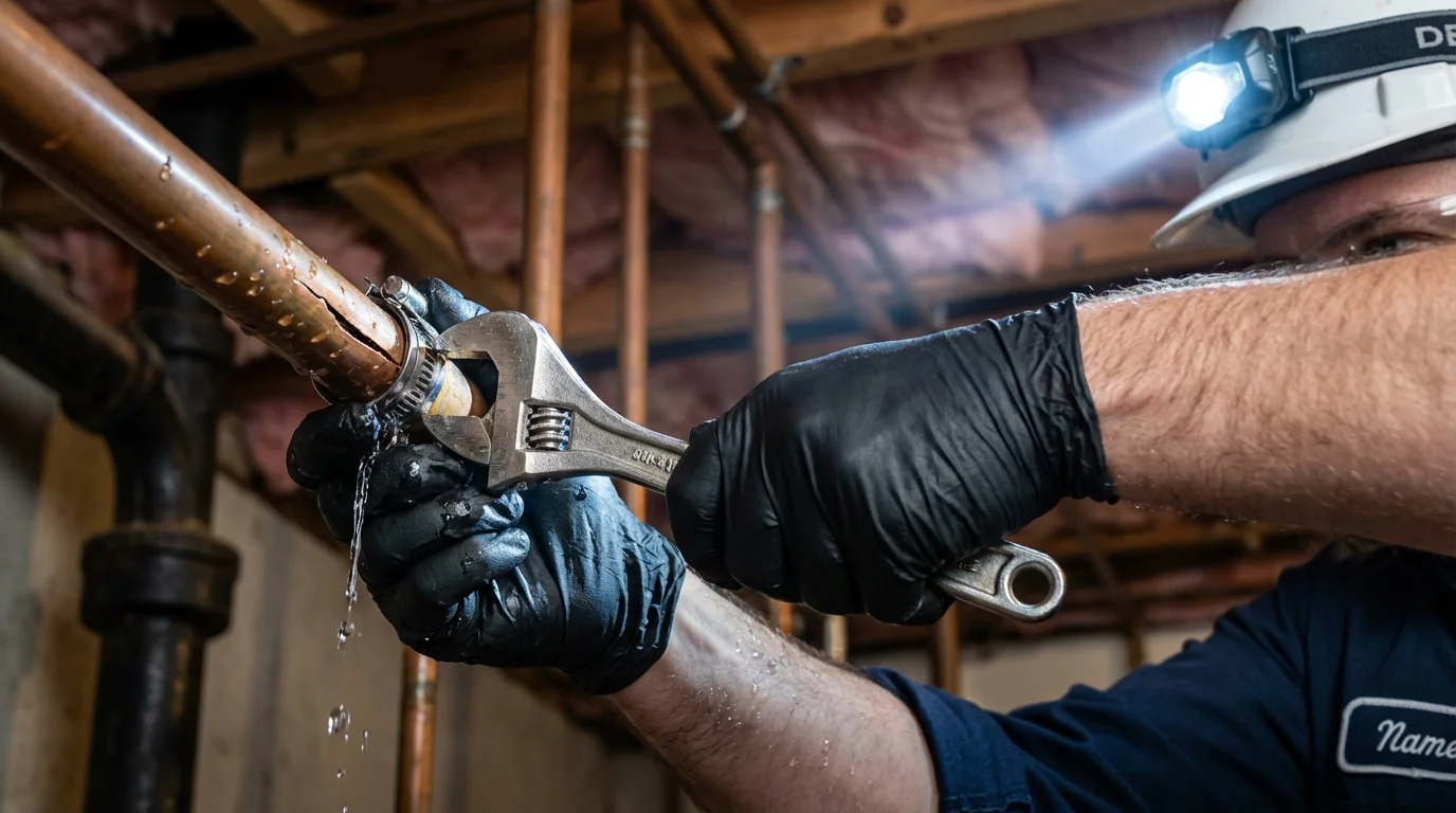 Emergency pipe clamp repair being performed by a Johns Plumbing LLC plumber in Marseilles