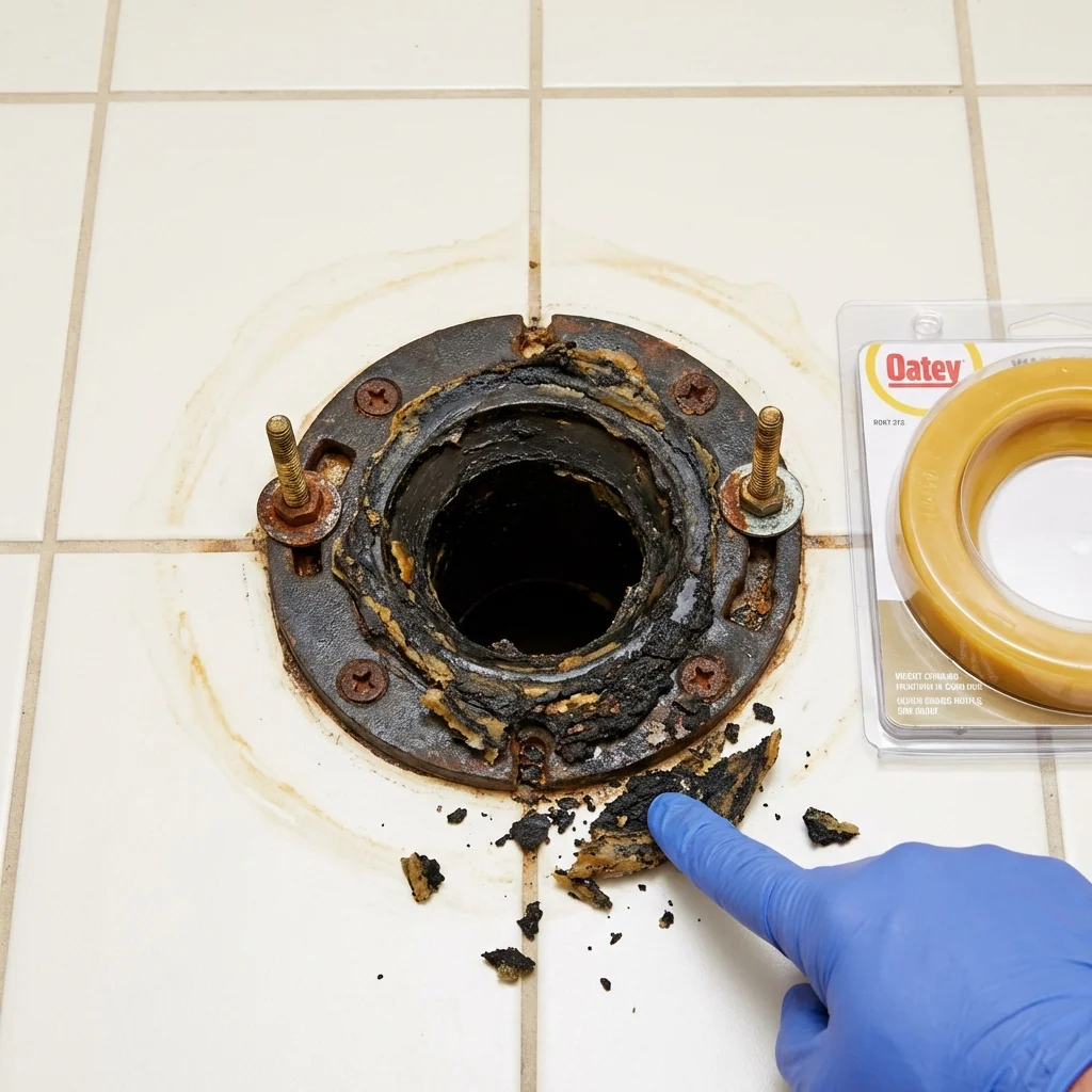 Failed wax ring showing water seepage at the base of a toilet in a Marseilles, IL home
