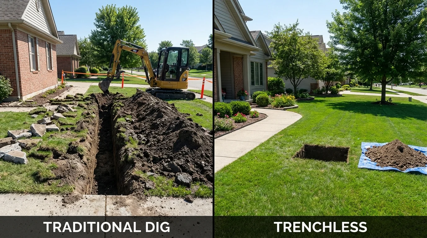 Trenchless sewer repair with minimal yard damage versus traditional excavation in Marseilles, IL