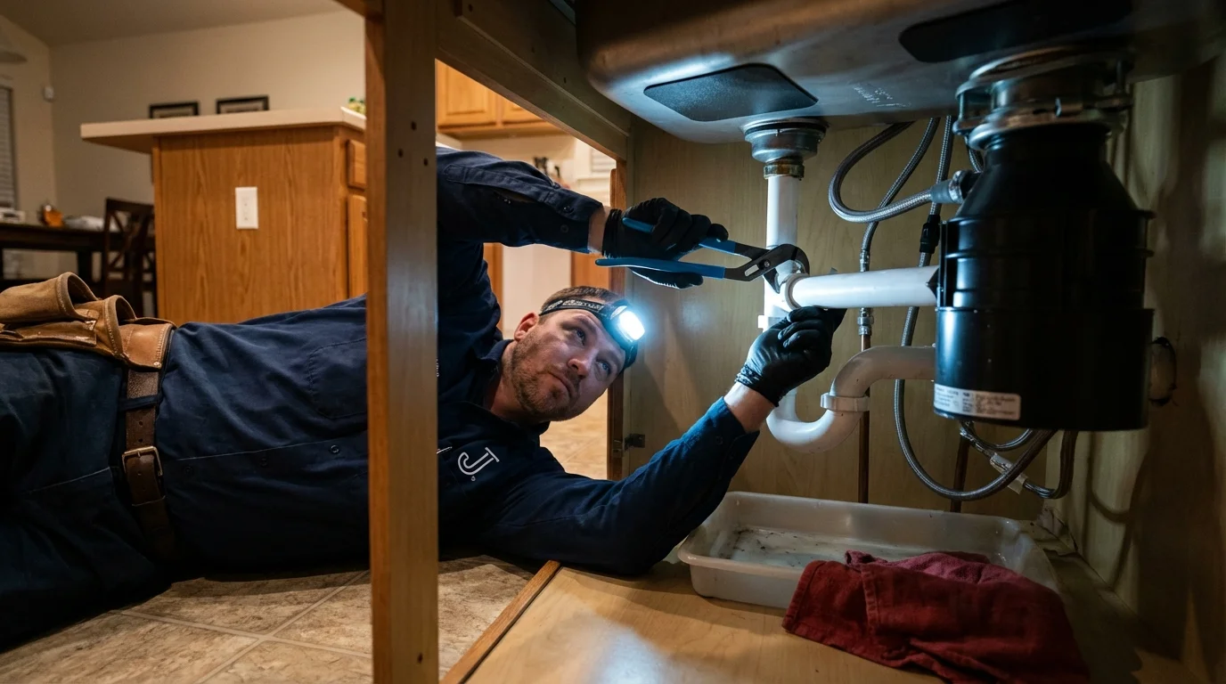 P-trap and supply line connections under a kitchen sink showing a common leak point in Marseilles, IL